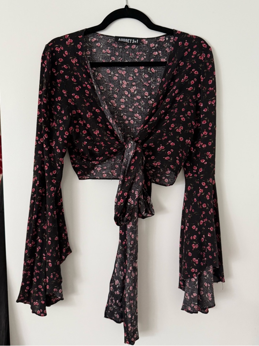 Audrey 3+1 Black Crop Tie-Front Top with Pink Floral Print